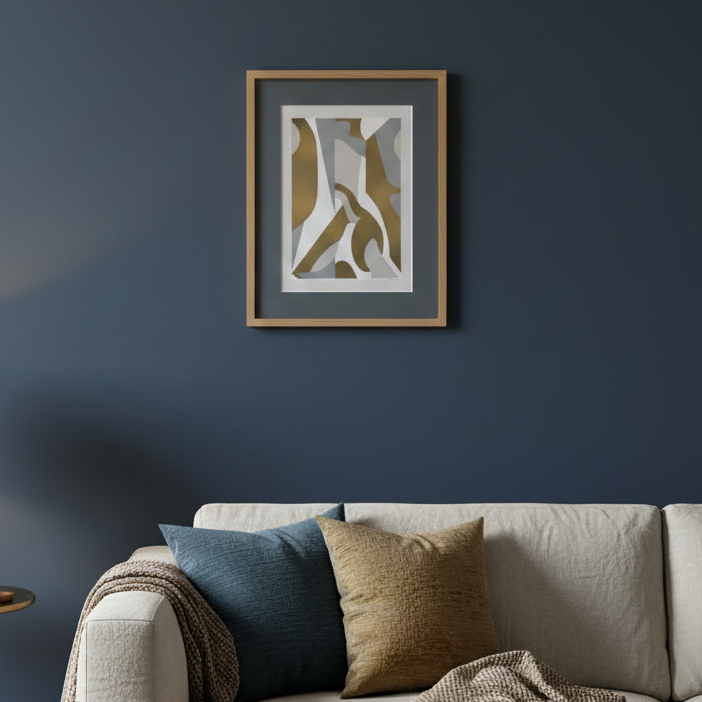 Abstract art print with wavy patterns in green, gray, and white on a light gray background.