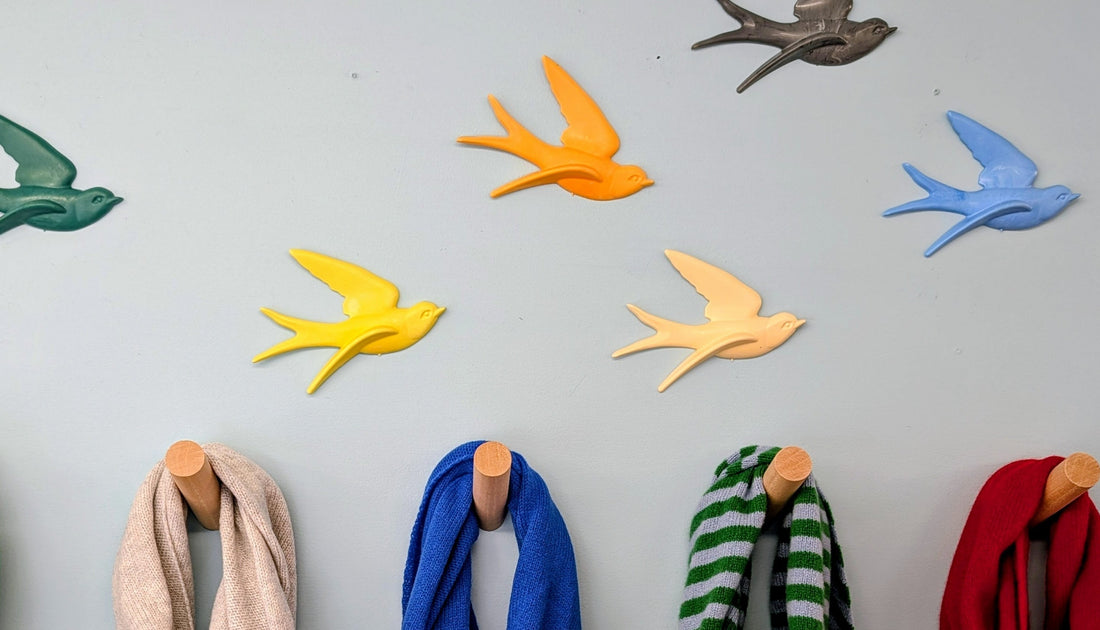 Recycled marine plastic swallow wall art by Lucky Swallows displayed at Ooshke gift shop Kyle of Lochalsh