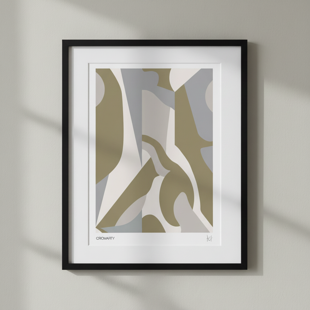 Abstract art print with wavy patterns in green, gray, and white on a light gray background.